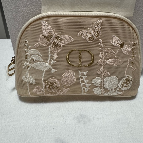 Dior Handbags - Dior Beige Embroidered Floral & Butterfly Cosmetic Pouch with Gold CD Logo